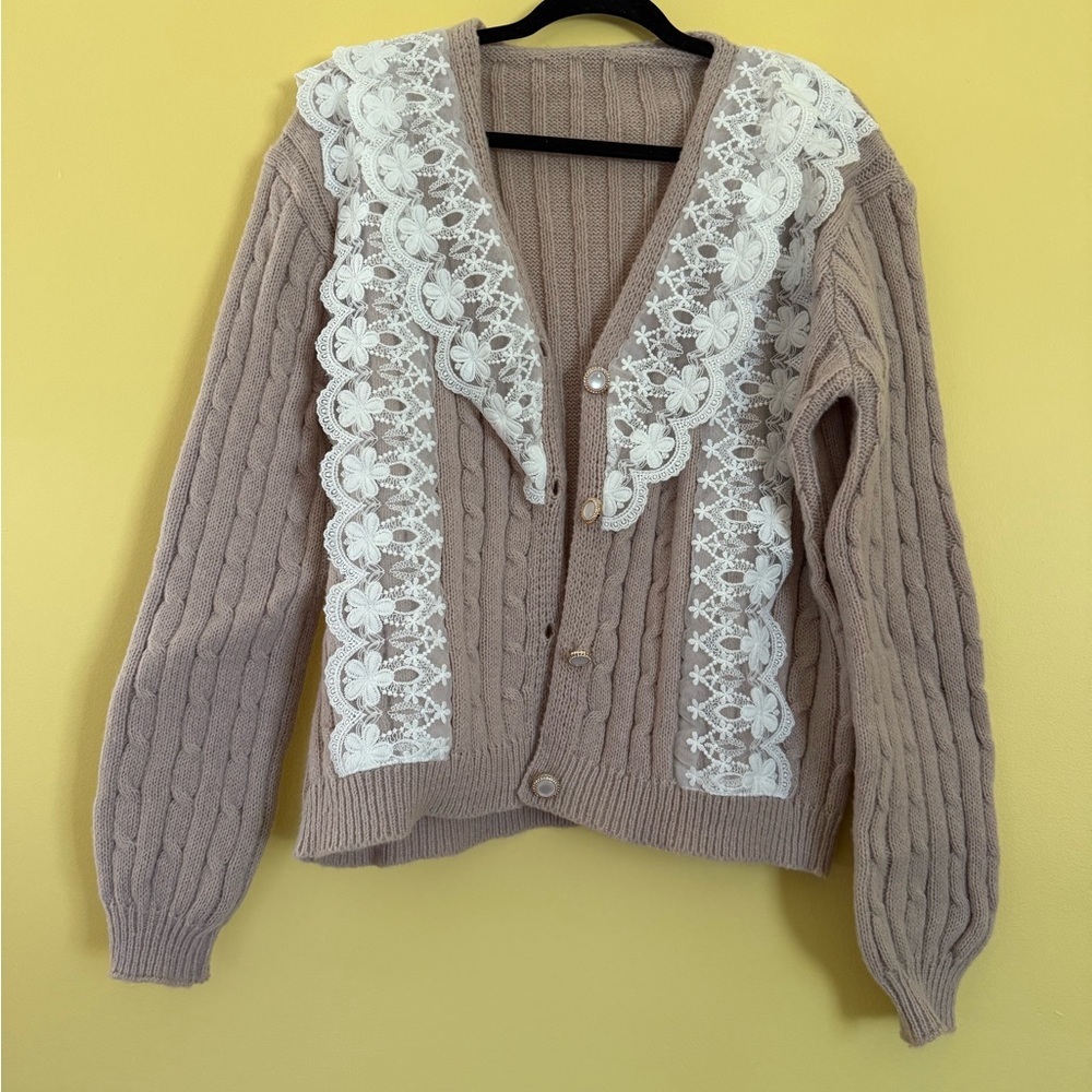 Like New Beige Sweater with Lace Detailing